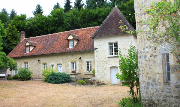 La propriété avec ses tours entourée de bois et prairies, offrant un cadre naturel et paisible dans le Perche